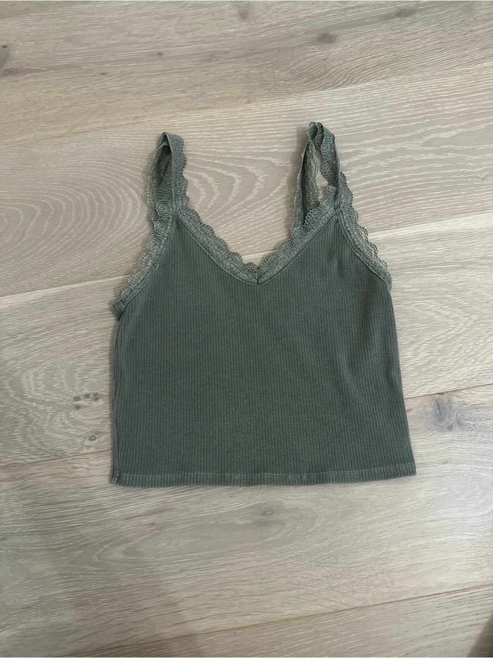 American Eagle Outfitters Olive Lace-Trim Ribbed Cropped Camisole
